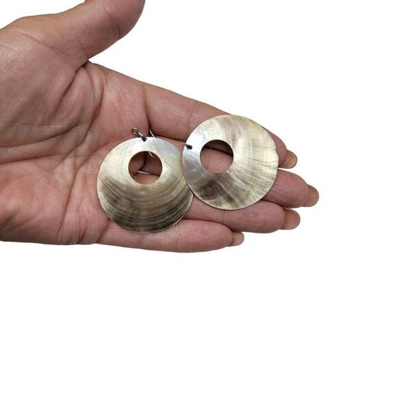 Vintage Bronze Ombre Round Shell Drop Earrings Hook Unique Handmade Primitive - Picture 2 of 10